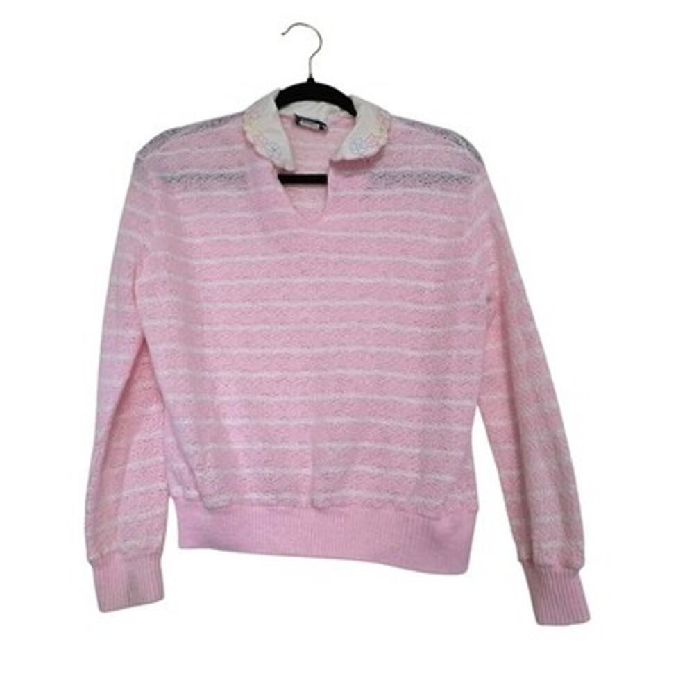 Vintage Pastel Pink Collared Striped Sweater Womens S Embroidered Floral Grandma